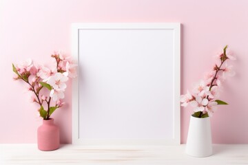 A Blank Frame With Flowers And Vases On A Pink Background