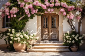 Fototapeta na wymiar Front Entrance With Wooden Door And Flower Blossom Vine. Сoncept Rustic Wooden Door, Blossoming Vine, Front Entrance, Natural Beauty