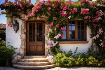 Fototapeta na wymiar Front Entrance With Wooden Door And Flower Blossom Vine