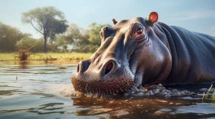 Common hippopotamus or hippo (Hippopotamus amphibius) showing aggression. - obrazy, fototapety, plakaty
