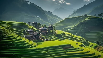Poster Terraced rice fields in lush green valley © Raveen
