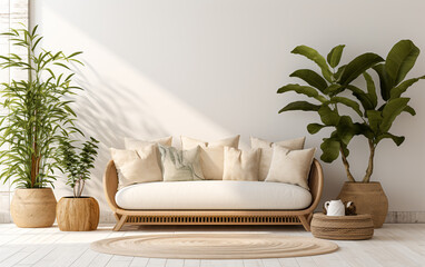 A modern living room with white sofa and beige pillows. Wall art mockup.
