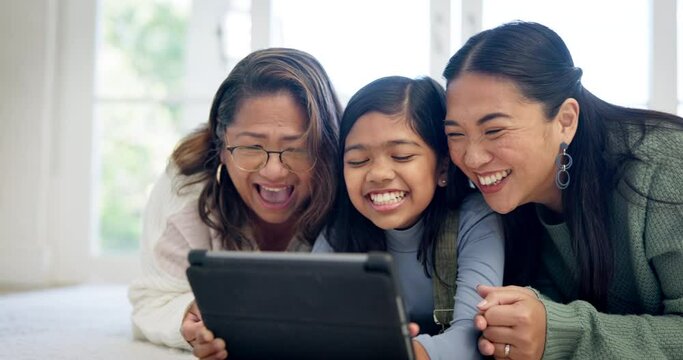 Family, child and grandmother in selfie, funny meme or emoji face on social media or internet games at home. Women, mom and girl in Indonesia on tablet photography, profile picture and laugh together