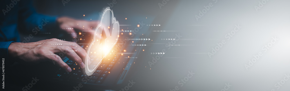 Poster business people using laptop with cloud computing system , storage and data transfer cloud network, 
