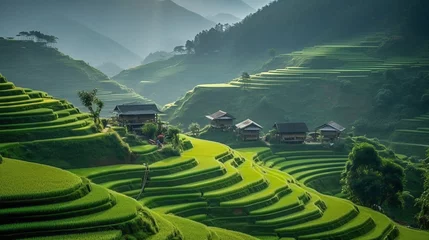 Fototapeten Village and terraced paddy fields in lush green valley © Raveen