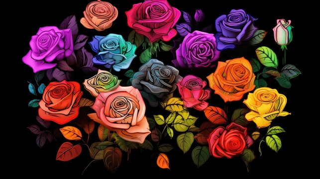 Beautiful pink roses on black background. Generavie AI © Gelpi