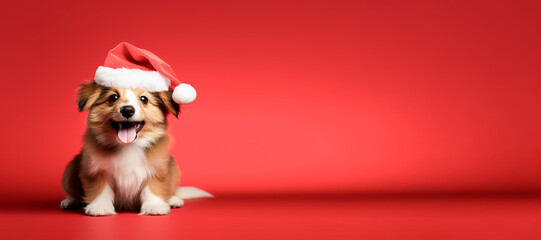 Portrait smile dog wearing santa claus hat on red background