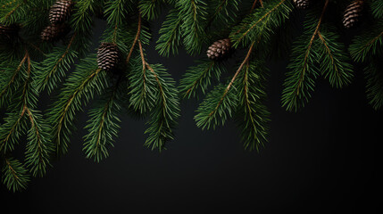 Fototapeta na wymiar Fir branches with pinecones against a dark and moody background, creating a festive and natural ambiance.