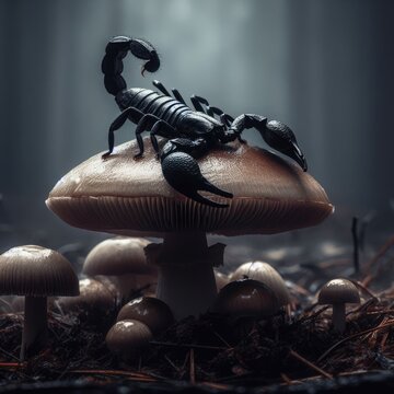 3d render of a black scorpion  with murshrooms background