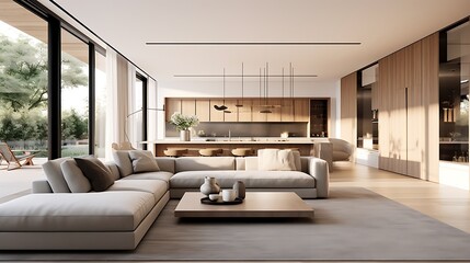 Fototapeta premium A modern minimalist home interior design with clean lines, sleek furniture, and neutral color palette, featuring an open-concept living space connected to a spacious kitchen, bathed in natural light 