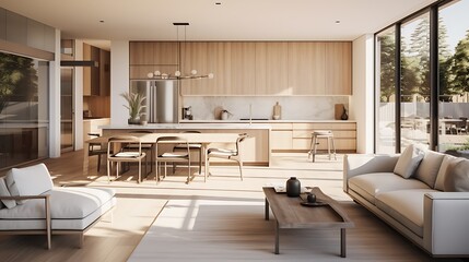 A modern minimalist home interior design with clean lines, sleek furniture, and neutral color palette, featuring an open-concept living space connected to a spacious kitchen, bathed in natural light 