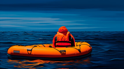 Person in life jacket on orange lifeboat in open sea.
 - obrazy, fototapety, plakaty