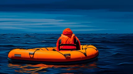 Fotobehang Person in life jacket on orange lifeboat in open sea.  © henjon