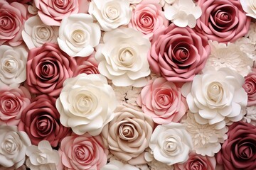 White and pink roses forming a beautiful background. Generative AI