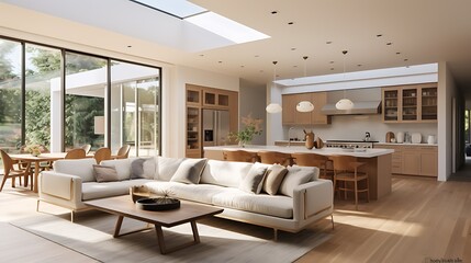 Fototapeta premium A modern minimalist home interior design with clean lines, sleek furniture, and neutral color palette, featuring an open-concept living space connected to a spacious kitchen, bathed in natural light 