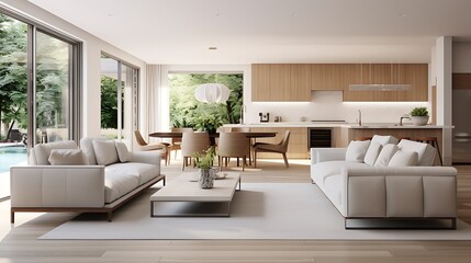 Fototapeta premium A modern minimalist home interior design with clean lines, sleek furniture, and neutral color palette, featuring an open-concept living space connected to a spacious kitchen, bathed in natural light 