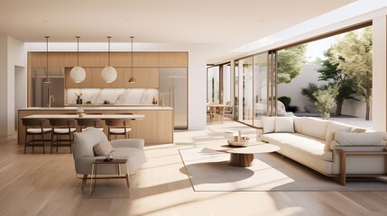 A modern minimalist home interior design with clean lines, sleek furniture, and neutral color palette, featuring an open-concept living space connected to a spacious kitchen, bathed in natural light 