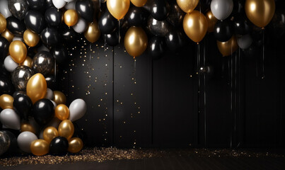 Gold and black balloons background for a celebration party. Copy space for text. Event banner