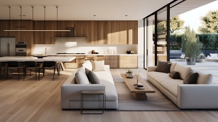 A modern minimalist home interior design with clean lines, sleek furniture, and neutral color palette, featuring an open-concept living space connected to a spacious kitchen, bathed in natural light 