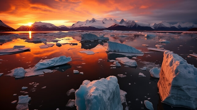 Sunset Glow on Glacier: The warm hues of a sunset casting a golden glow on a glacier, creating a mesmerizing play of light and ice © Наталья Евтехова