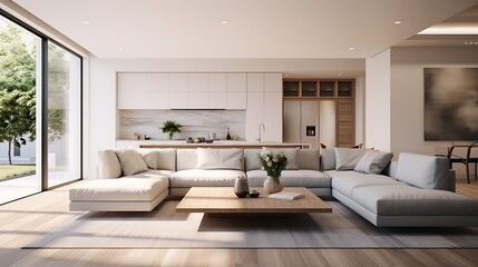 Fototapeta premium A modern minimalist home interior design with clean lines, sleek furniture, and neutral color palette, featuring an open-concept living space connected to a spacious kitchen, bathed in natural light 