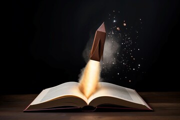 Rocket coming out of open book. Space education rocket startup science. Generate Ai