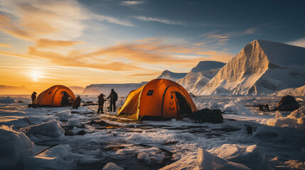 Glacial Expedition Campsite: Tents set up in a glacial wilderness, highlighting the challenges and beauty of expedition life near glaciers