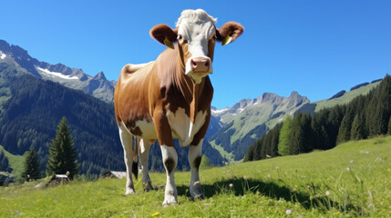 Fototapeta na wymiar Animal background banner panorama - Funny cow in the mountains Alps, on green fresh meadow
