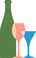 Champaine bottle with the silhouette of a glass. Simple shape alcohol emblem logo. Minimal simple silhouette of champaine bottle and different shape glass. Beverage trendy colors logotype.