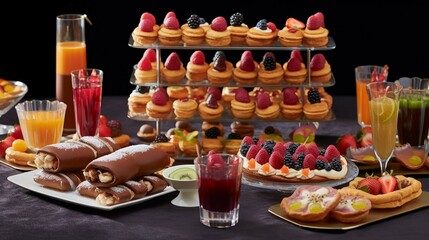 a decadent dessert table at a special occasion, where éclairs take center stage, arranged in a tantalizing cascade of flavors and colors