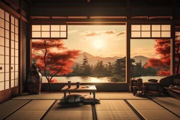 Japanese style room decoration architecture, natural front terrace room