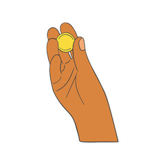 Gold coin squeezed in fingers icon. Hand holding gold cash, money, dollar. Finance help, charity, bonus and donation concept. Financial aid. Flat illustration isolated on white background