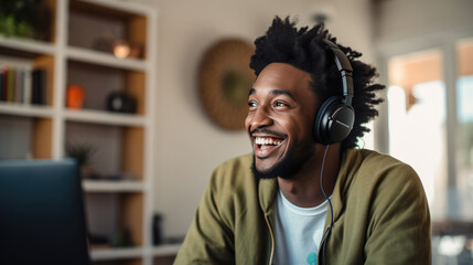 A joyful man with headphones is smiling while using a laptop suggesting a relaxed work-from-home environment.