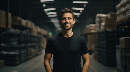 Fototapeta na wymiar Business owner in black t-shirt standing in industrial plant