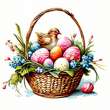 easter basket with eggs and flowers