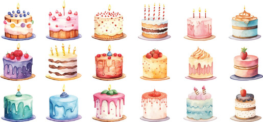 Set of watercolor birthday cakes on white background.
