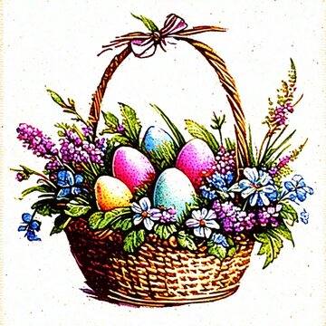 easter basket with eggs and flowers