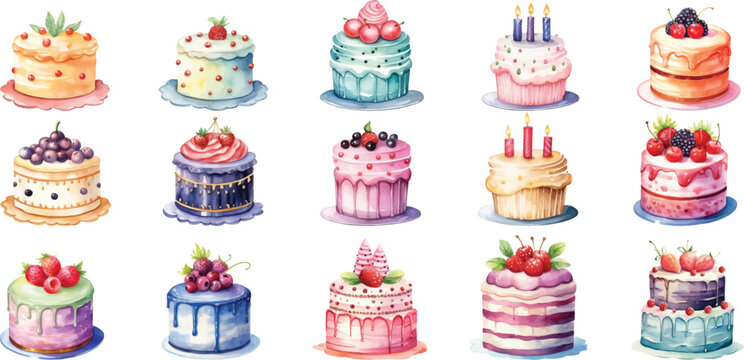 Set of watercolor birthday cakes on white background.