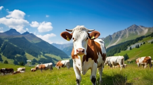 Animal background banner panorama - Funny cow in the mountains Alps, on green fresh meadow