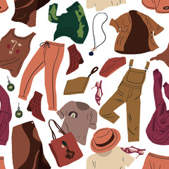 Seamless pattern with fashion modern women clothes. Casual female garments and accessories. Coat, jumper, shirt, shoes, trousers, bag, shoes flying. Colored flat background
