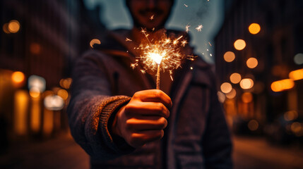 A man holding a lit sparkler, smiling with the warm bokeh of city lights in the background, creating a festive and cheerful atmosphere in the evening.