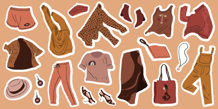 Stickers collection with trendy modern women clothes. Casual female garments and accessories. Coat, jumper, shirt, shoes, trousers, bag, shoes flying. Colored flat illustration