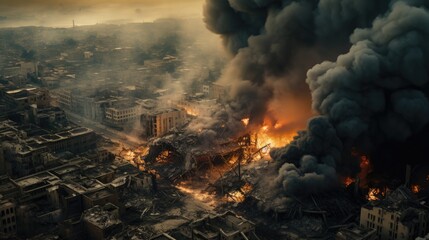Aerial view of a city in the Middle East destroyed by an aerial bomb explosion with thick smoke billowing