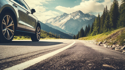 Tires on the asphalt road, Low angle side view of car. - safety road trip concept. - obrazy, fototapety, plakaty