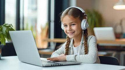 Cheerful young girl is wearing headphones and using a laptop, presumably engaged in online learning or enjoying multimedia content.