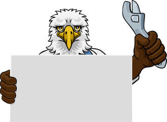 An eagle handyman, mechanic, plumber or other construction cartoon mascot man holding a wrench or spanner tool.
