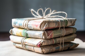 Stack wrapped books. Retro vintage cover art paper. Generate Ai