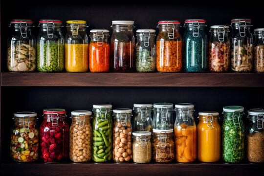 Organised Pantry Items, Non Perishable Food Staples, Healthy Eatings, Fruits, Vegetables And Preserved Foods In Jars On Kitchen Shelf, Aesthetic Look