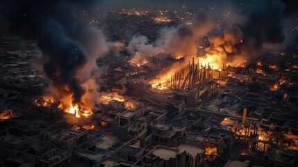 Aerial view of a city in the Middle East destroyed by an aerial bomb explosion with thick smoke billowing - obrazy, fototapety, plakaty