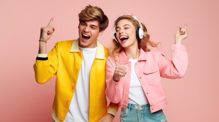 Happy young couple in colourful clothes dancing against pink studio background listening music, using headphones. American cheerful guy pointing up by index finger laughing. Happy people. - Powered by Adobe